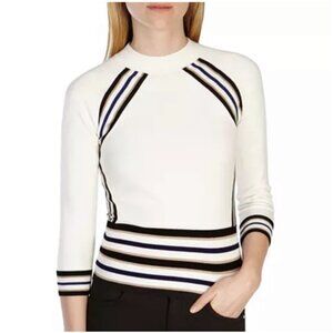 Karen Millen Ivory Placement Stripe Crop Sweater Size S Stretch Ribbed Waistband